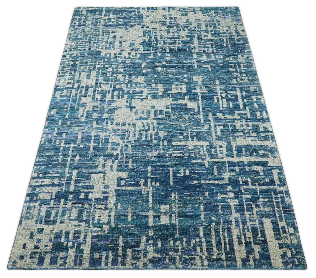 Hand Knotted Blue and Beige Modern Abstract Contemporary Recycled Art Silk Area Rug