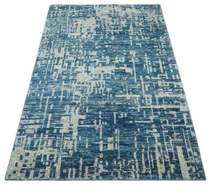Hand Knotted Blue and Beige Modern Abstract Contemporary Recycled Art Silk Area Rug