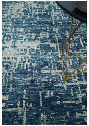 Hand Knotted Blue and Beige Modern Abstract Contemporary Recycled Art Silk Area Rug