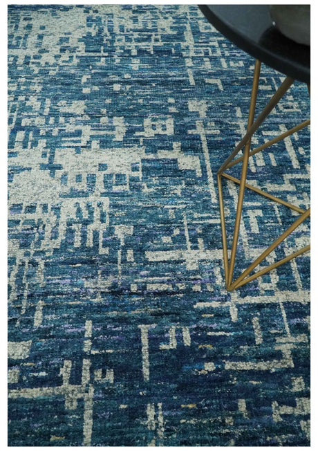 Hand Knotted Blue and Beige Modern Abstract Contemporary Recycled Art Silk Area Rug