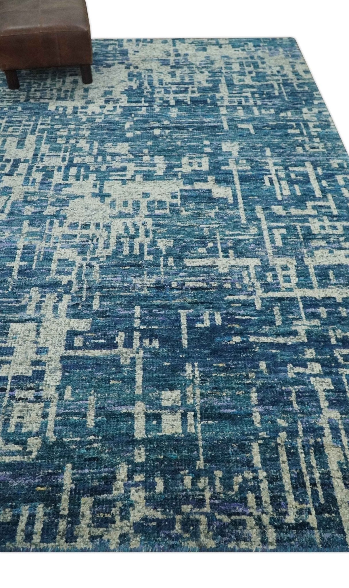 Hand Knotted Blue and Beige Modern Abstract Contemporary Recycled Art Silk Area Rug
