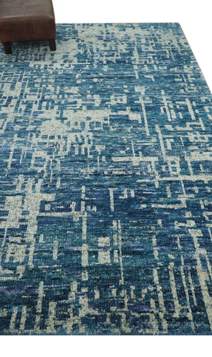 Hand Knotted Blue and Beige Modern Abstract Contemporary Recycled Art Silk Area Rug