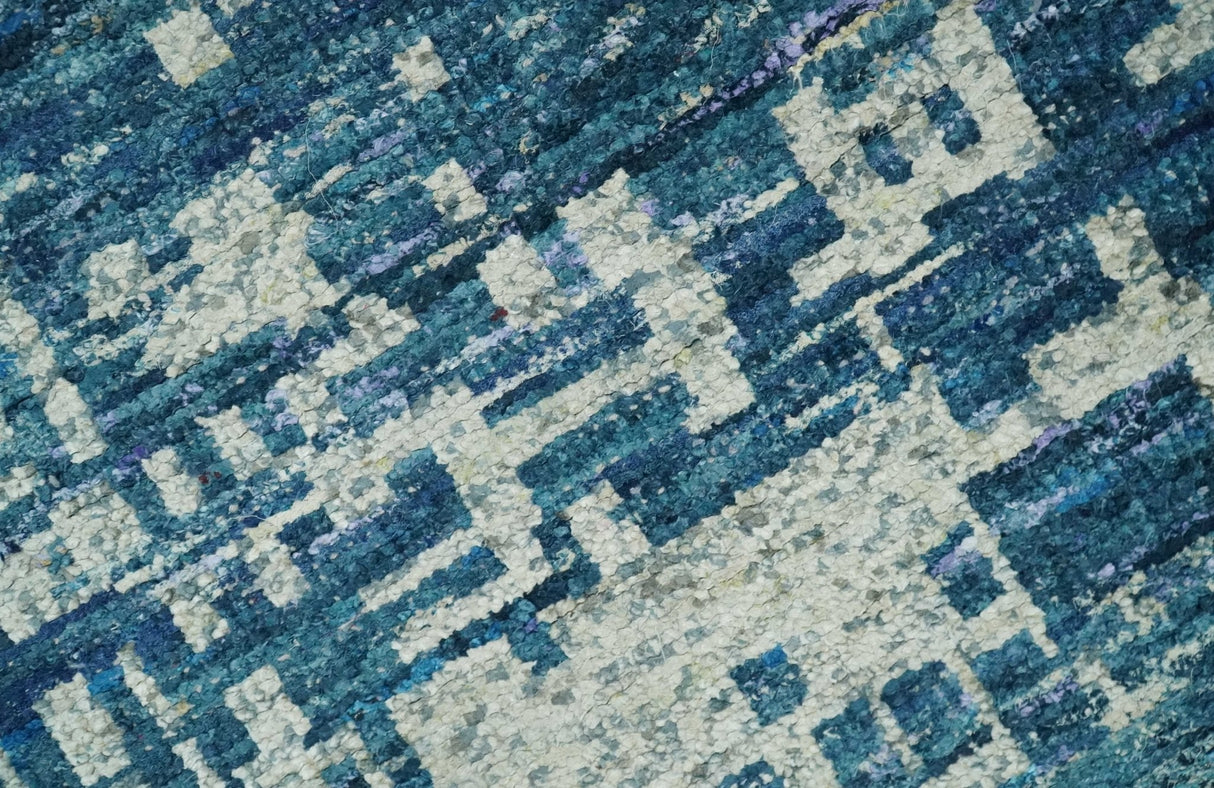 Hand Knotted Blue and Beige Modern Abstract Contemporary Recycled Art Silk Area Rug