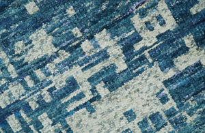 Hand Knotted Blue and Beige Modern Abstract Contemporary Recycled Art Silk Area Rug