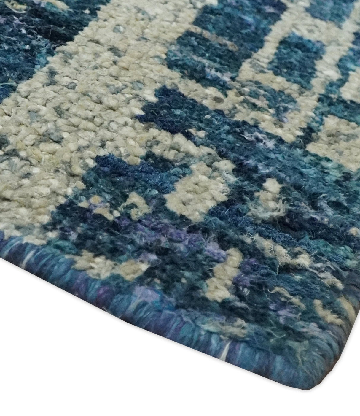 Hand Knotted Blue and Beige Modern Abstract Contemporary Recycled Art Silk Area Rug