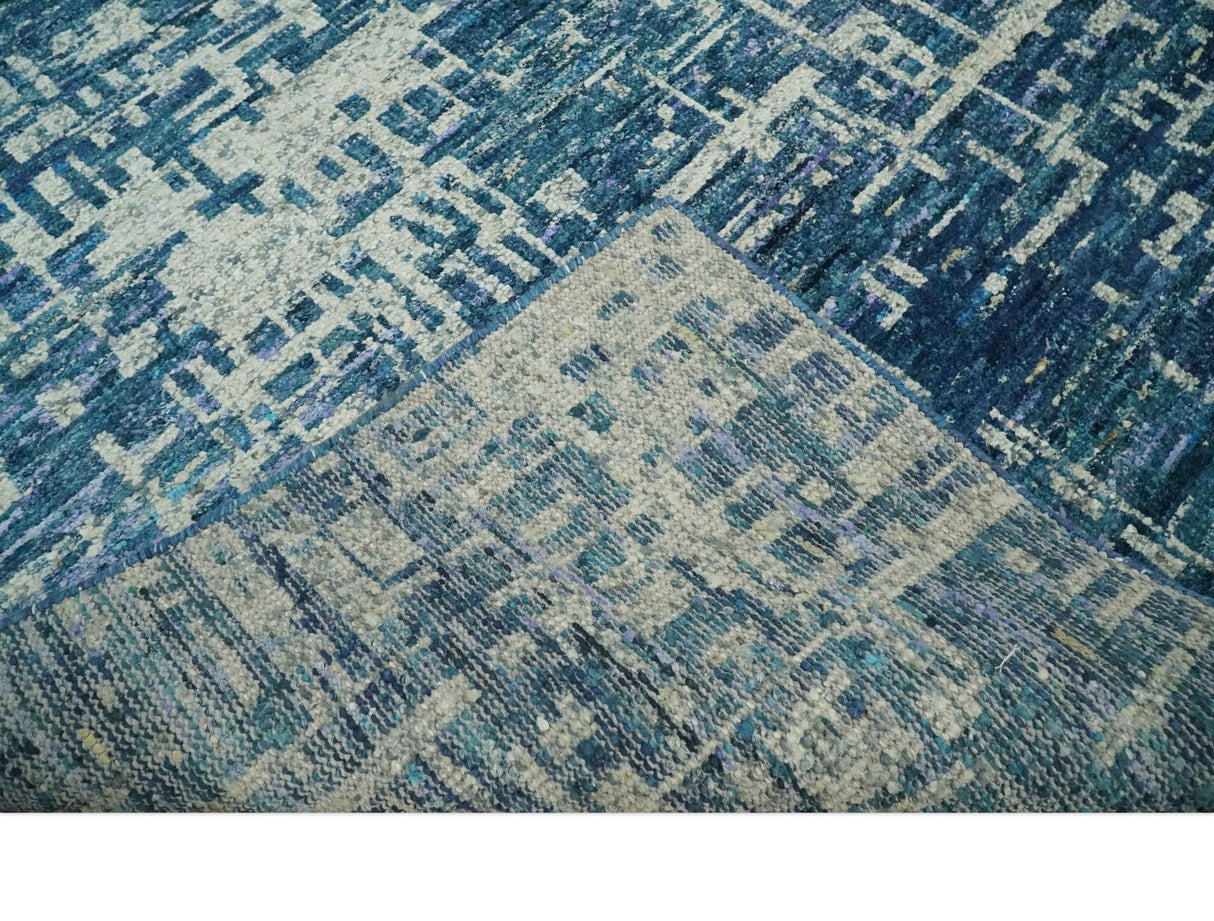 Hand Knotted Blue and Beige Modern Abstract Contemporary Recycled Art Silk Area Rug