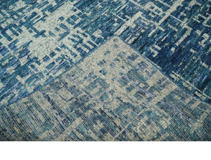 Hand Knotted Blue and Beige Modern Abstract Contemporary Recycled Art Silk Area Rug