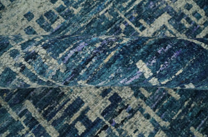 Hand Knotted Blue and Beige Modern Abstract Contemporary Recycled Art Silk Area Rug