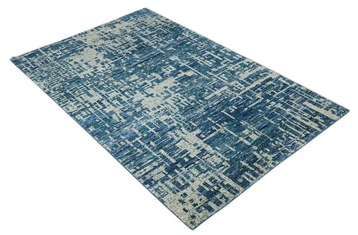 Hand Knotted Blue and Beige Modern Abstract Contemporary Recycled Art Silk Area Rug