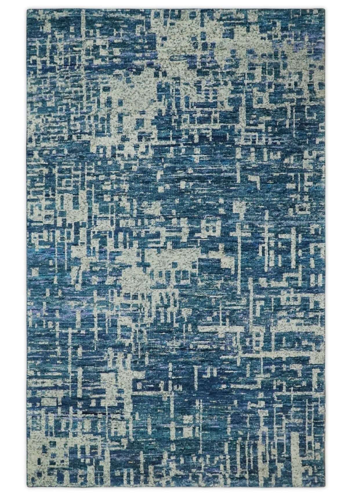 Hand Knotted Blue and Beige Modern Abstract Contemporary Recycled Art Silk Area Rug