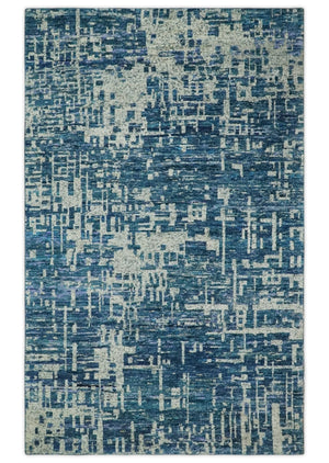 Hand Knotted Blue and Beige Modern Abstract Contemporary Recycled Art Silk Area Rug