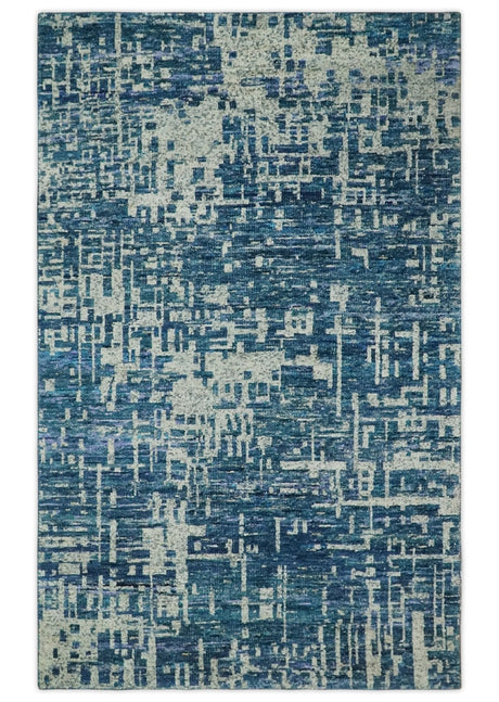 Hand Knotted Blue and Beige Modern Abstract Contemporary Recycled Art Silk Area Rug