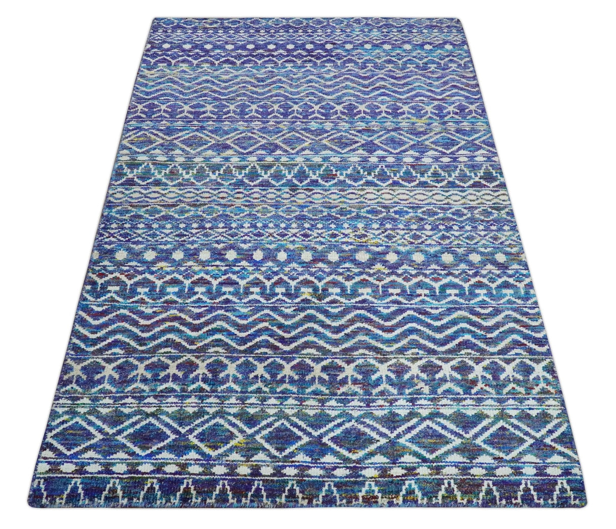 Hand Knotted Blue and Ivory 5.6x8.5 Modern Contemporary Southwestern Tribal Trellis Recycled Art Silk Area Rug