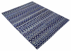 Hand Knotted Blue and Ivory 8x10 Southwestern Tribal Trellis Recycled Art Silk Area Rug