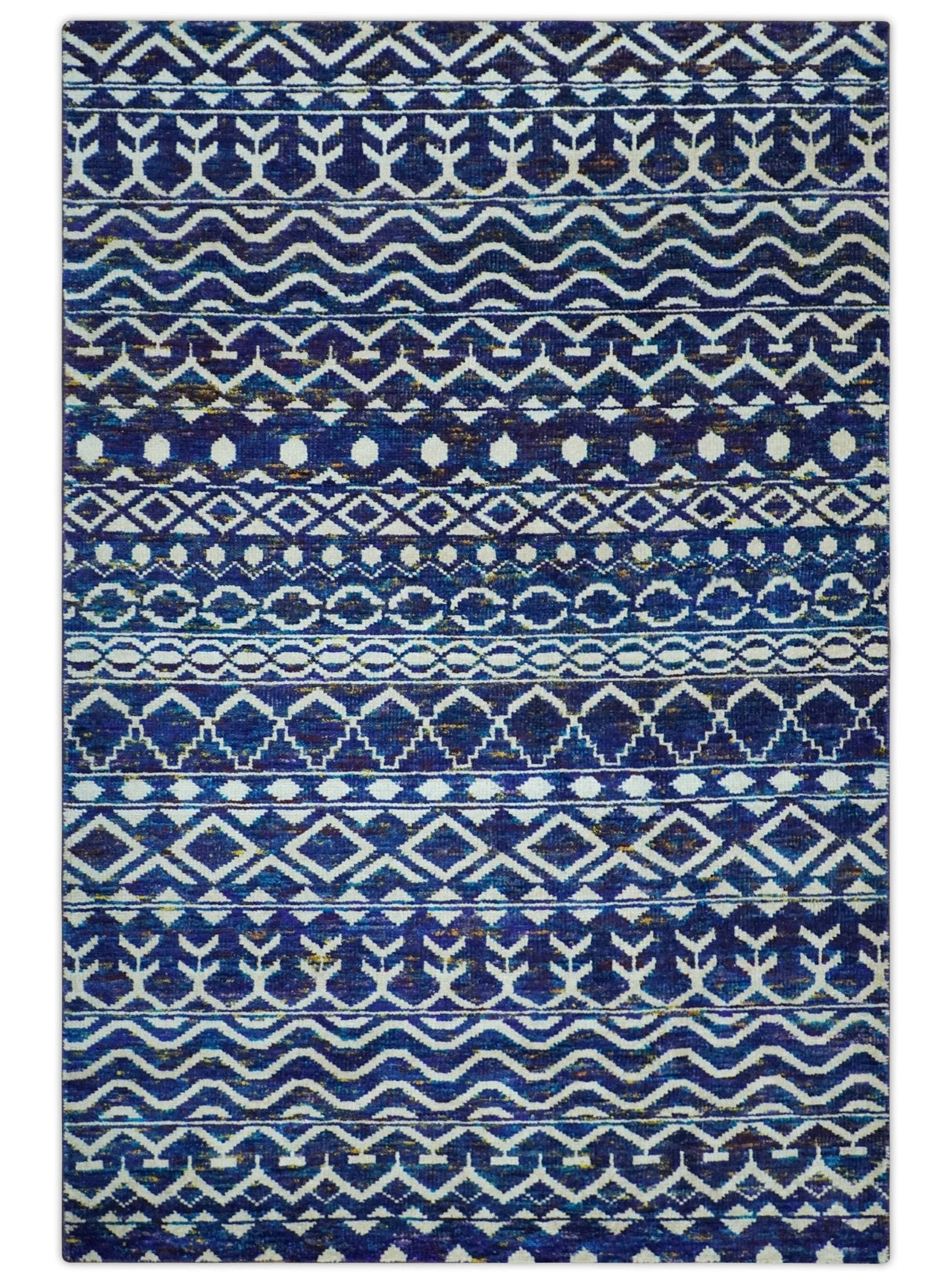 Hand Knotted Blue and Ivory 8x10 Southwestern Tribal Trellis Recycled Art Silk Area Rug