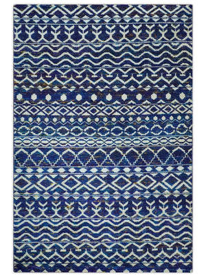 Hand Knotted Blue and Ivory 8x10 Southwestern Tribal Trellis Recycled Art Silk Area Rug