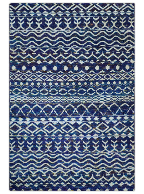 Hand Knotted Blue and Ivory 8x10 Southwestern Tribal Trellis Recycled Art Silk Area Rug