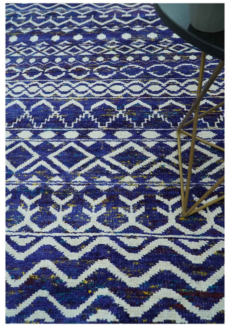 Hand Knotted Blue and Ivory 8x10 Southwestern Tribal Trellis Recycled Art Silk Area Rug