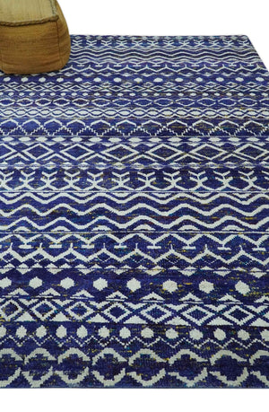 Hand Knotted Blue and Ivory 8x10 Southwestern Tribal Trellis Recycled Art Silk Area Rug