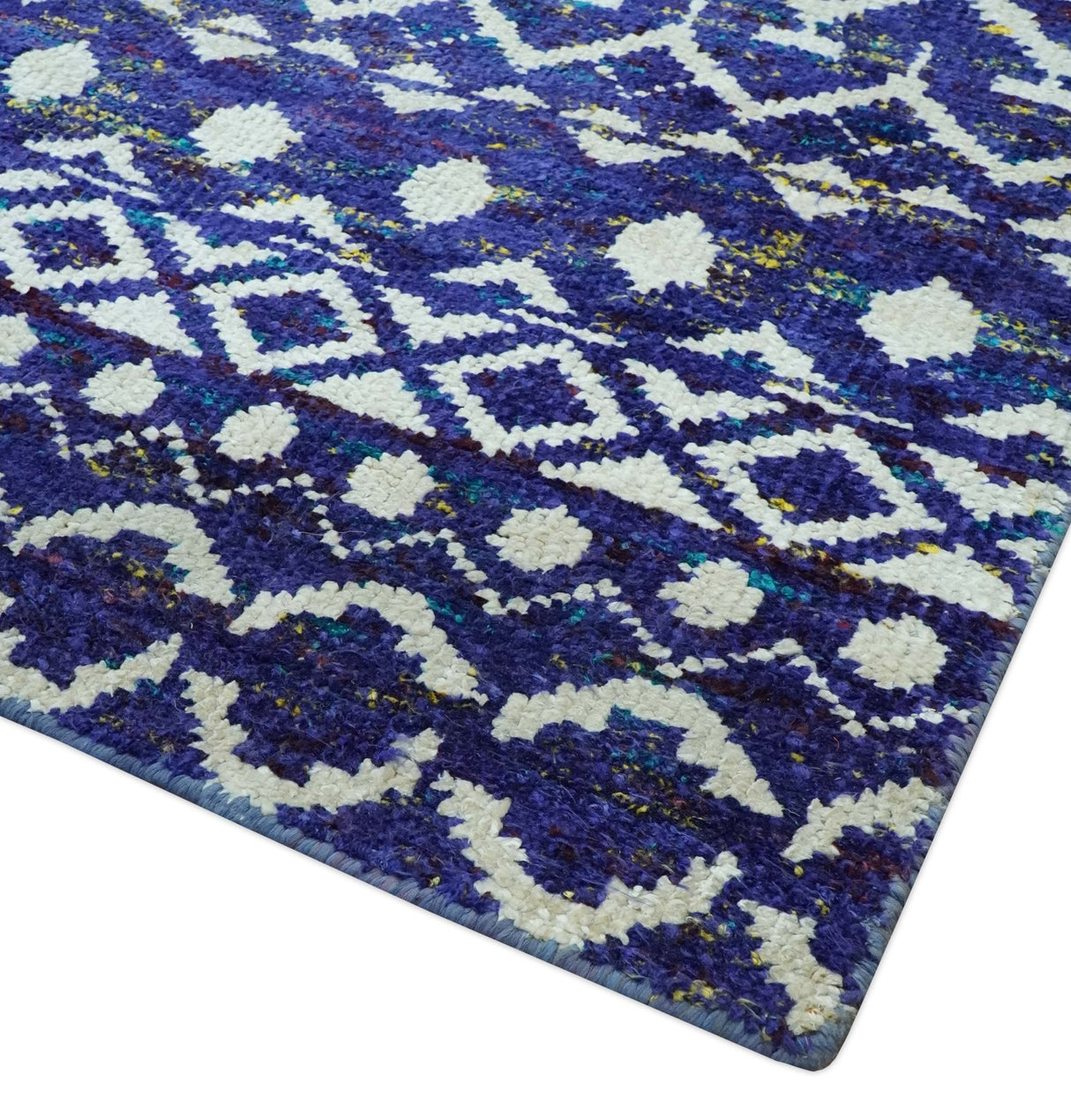 Hand Knotted Blue and Ivory 8x10 Southwestern Tribal Trellis Recycled Art Silk Area Rug