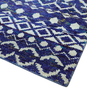 Hand Knotted Blue and Ivory 8x10 Southwestern Tribal Trellis Recycled Art Silk Area Rug