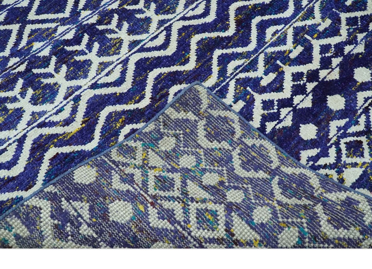 Hand Knotted Blue and Ivory 8x10 Southwestern Tribal Trellis Recycled Art Silk Area Rug