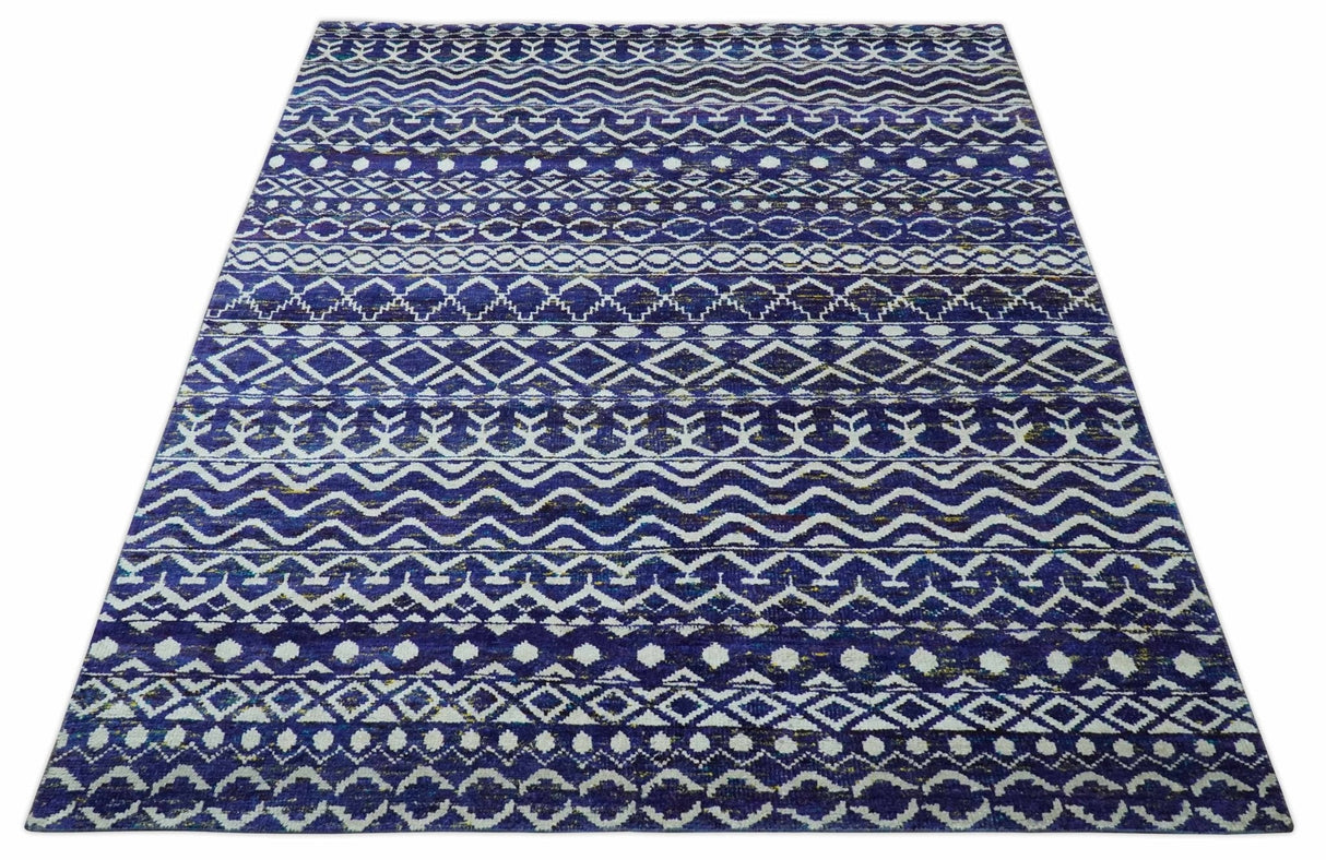 Hand Knotted Blue and Ivory 8x10 Southwestern Tribal Trellis Recycled Art Silk Area Rug