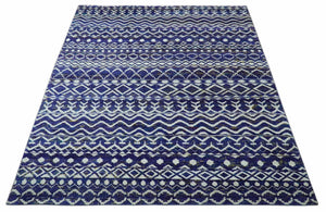Hand Knotted Blue and Ivory 8x10 Southwestern Tribal Trellis Recycled Art Silk Area Rug