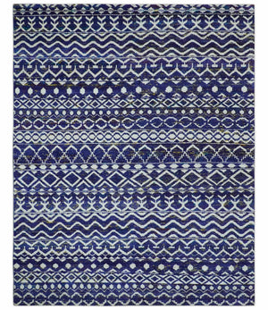 Hand Knotted Blue and Ivory 8x10 Southwestern Tribal Trellis Recycled Art Silk Area Rug