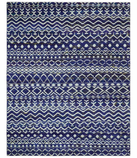Hand Knotted Blue and Ivory 8x10 Southwestern Tribal Trellis Recycled Art Silk Area Rug