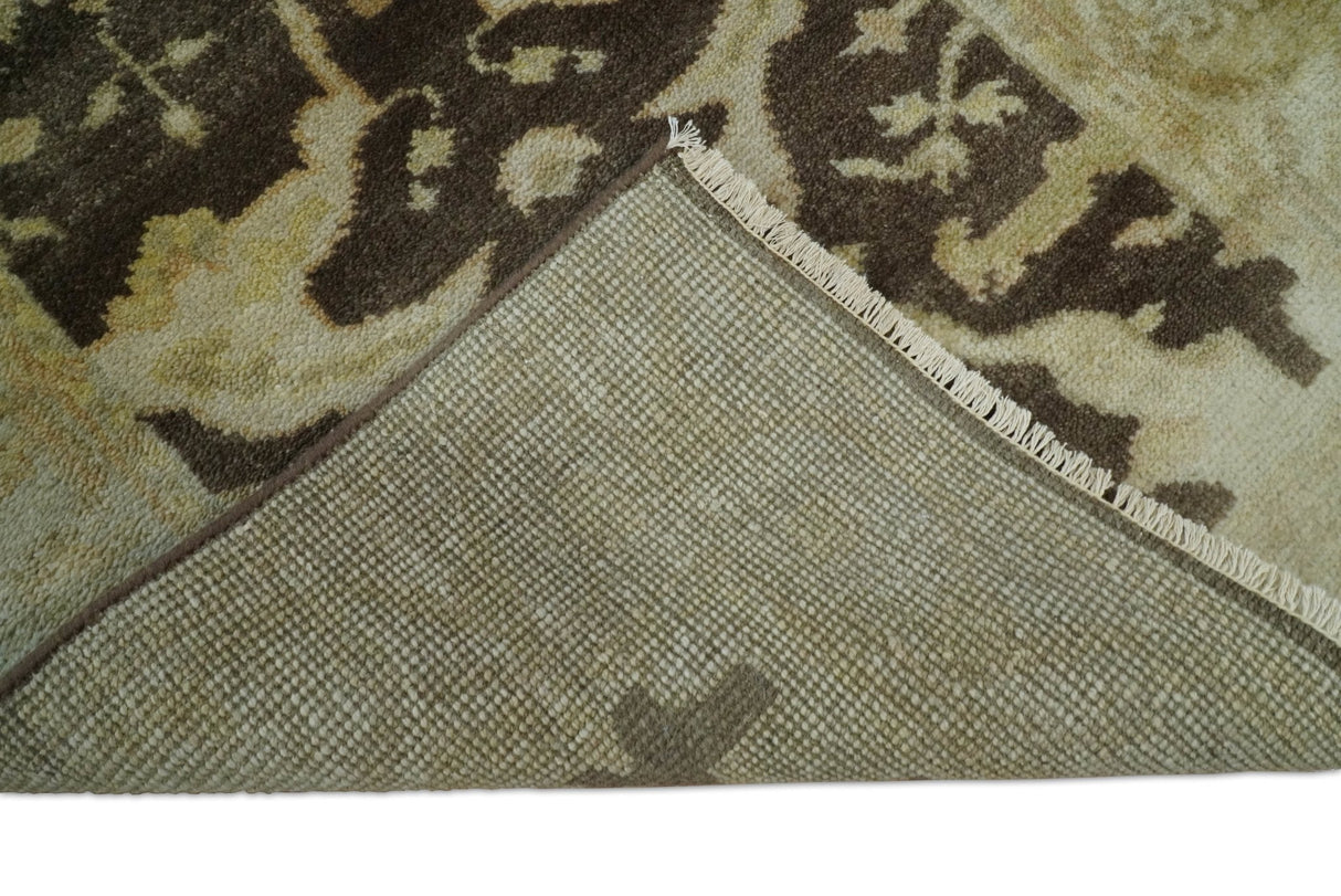 Hand Knotted Brown and Beige Antique Oushak Wool Runner Rug