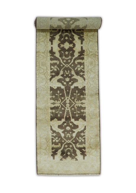Hand Knotted Brown and Beige Antique Oushak Wool Runner Rug