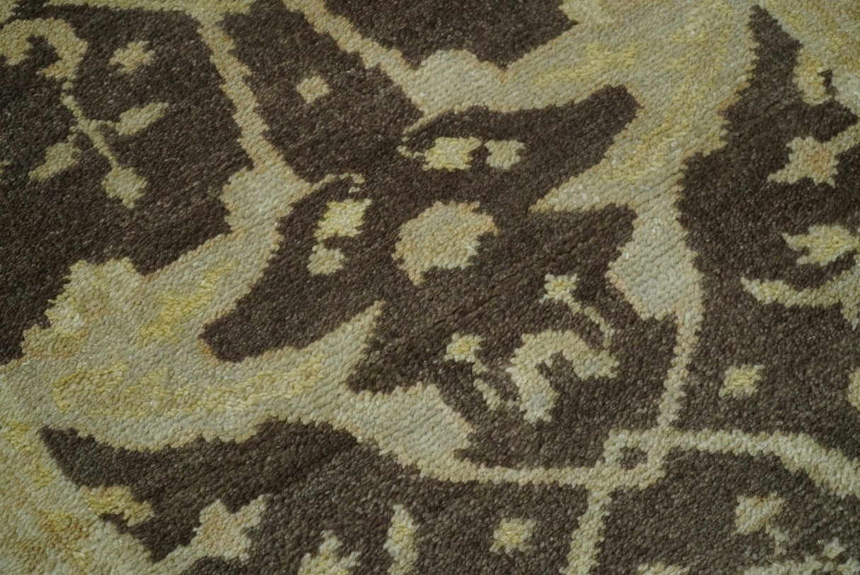 Hand Knotted Brown and Beige Antique Oushak Wool Runner Rug