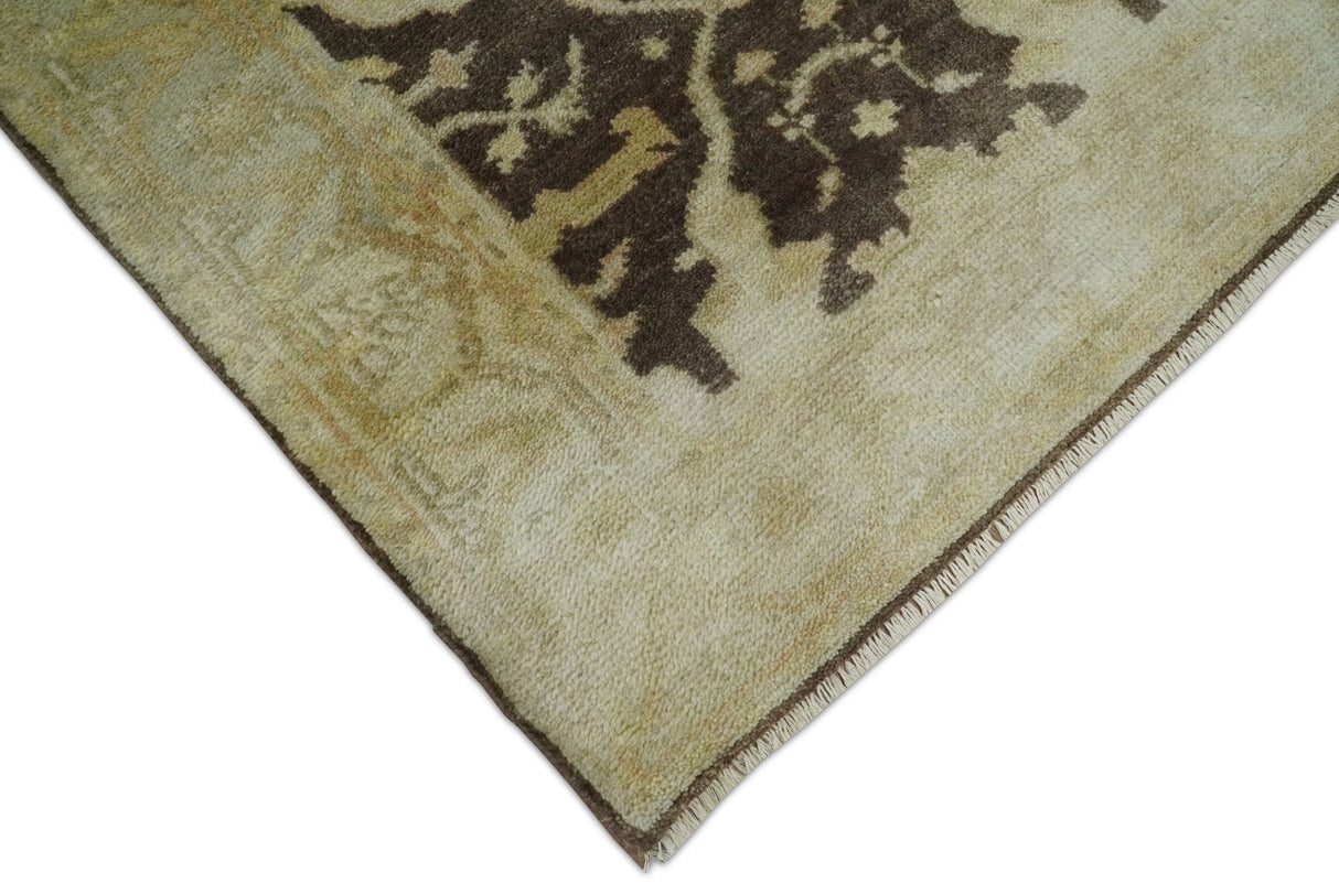 Hand Knotted Brown and Beige Antique Oushak Wool Runner Rug