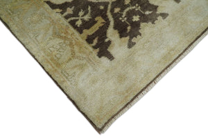 Hand Knotted Brown and Beige Antique Oushak Wool Runner Rug