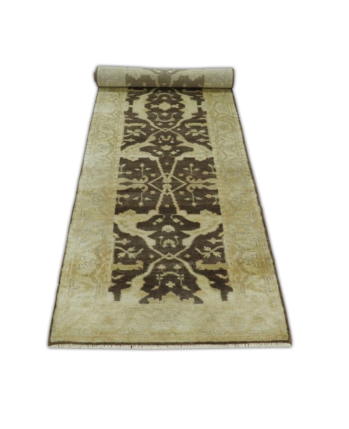Hand Knotted Brown and Beige Antique Oushak Wool Runner Rug