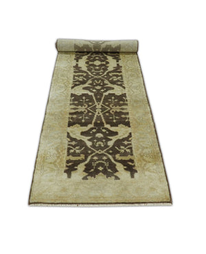 Hand Knotted Brown and Beige Antique Oushak Wool Runner Rug