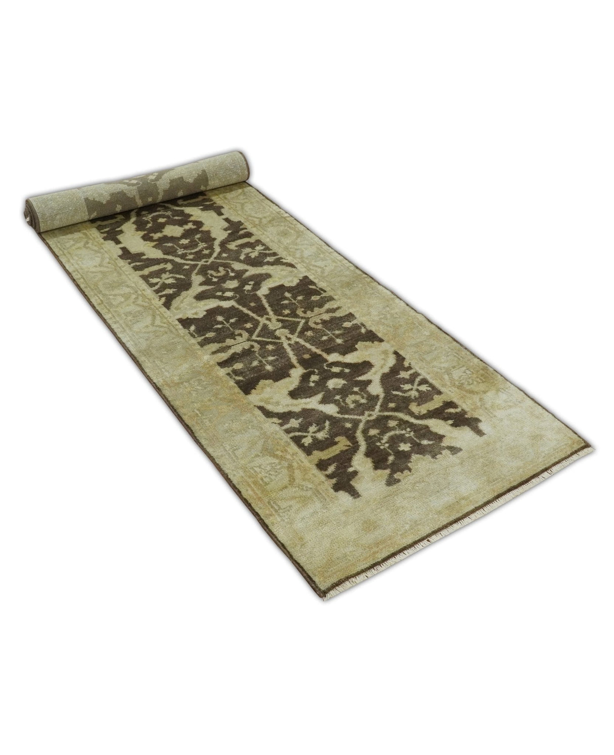 Hand Knotted Brown and Beige Antique Oushak Wool Runner Rug