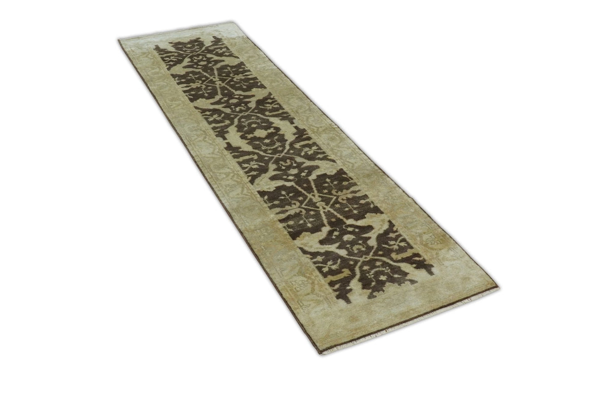 Hand Knotted Brown and Beige Antique Oushak Wool Runner Rug