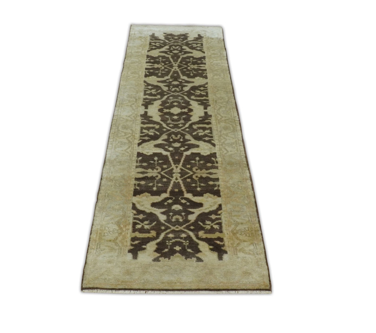 Hand Knotted Brown and Beige Antique Oushak Wool Runner Rug