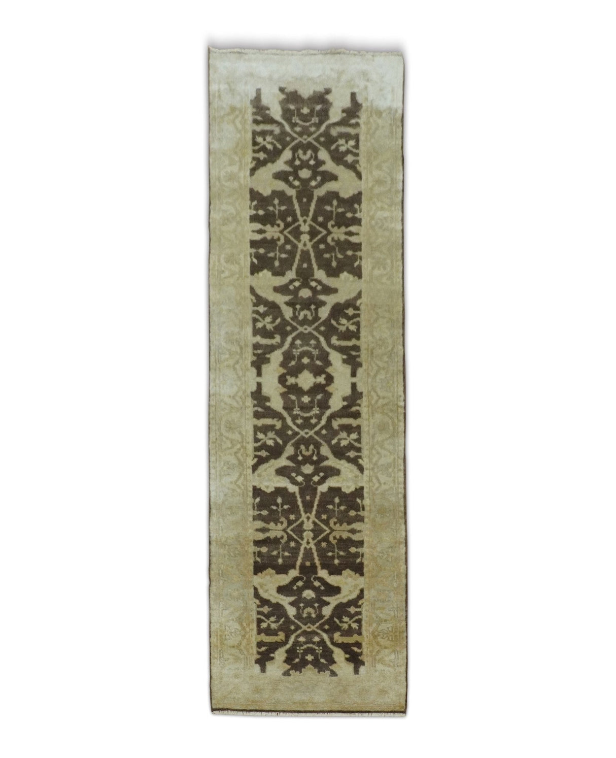 Hand Knotted Brown and Beige Antique Oushak Wool Runner Rug