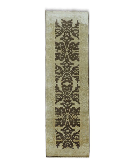 Hand Knotted Brown and Beige Antique Oushak Wool Runner Rug