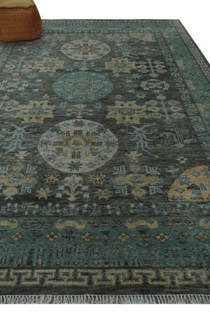 Hand Knotted Charcoal, and Aqua Oriental Khotan Multi Size Traditional Wool Area Rug