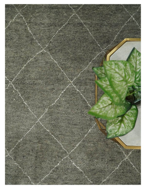 Hand Knotted Charcoal and White 9x12 Trellis Moroccan Rug Made with Fine Wool | TRDCP651912