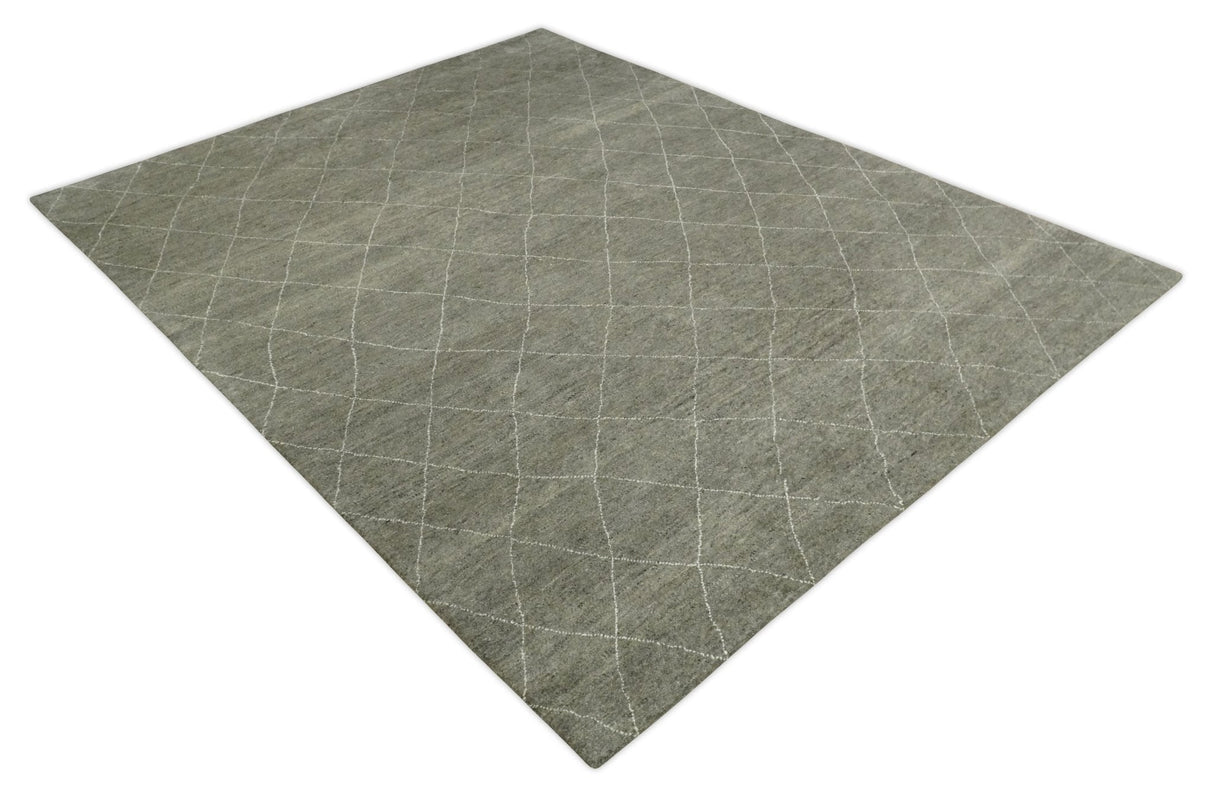 Hand Knotted Charcoal and White 9x12 Trellis Moroccan Rug Made with Fine Wool | TRDCP651912