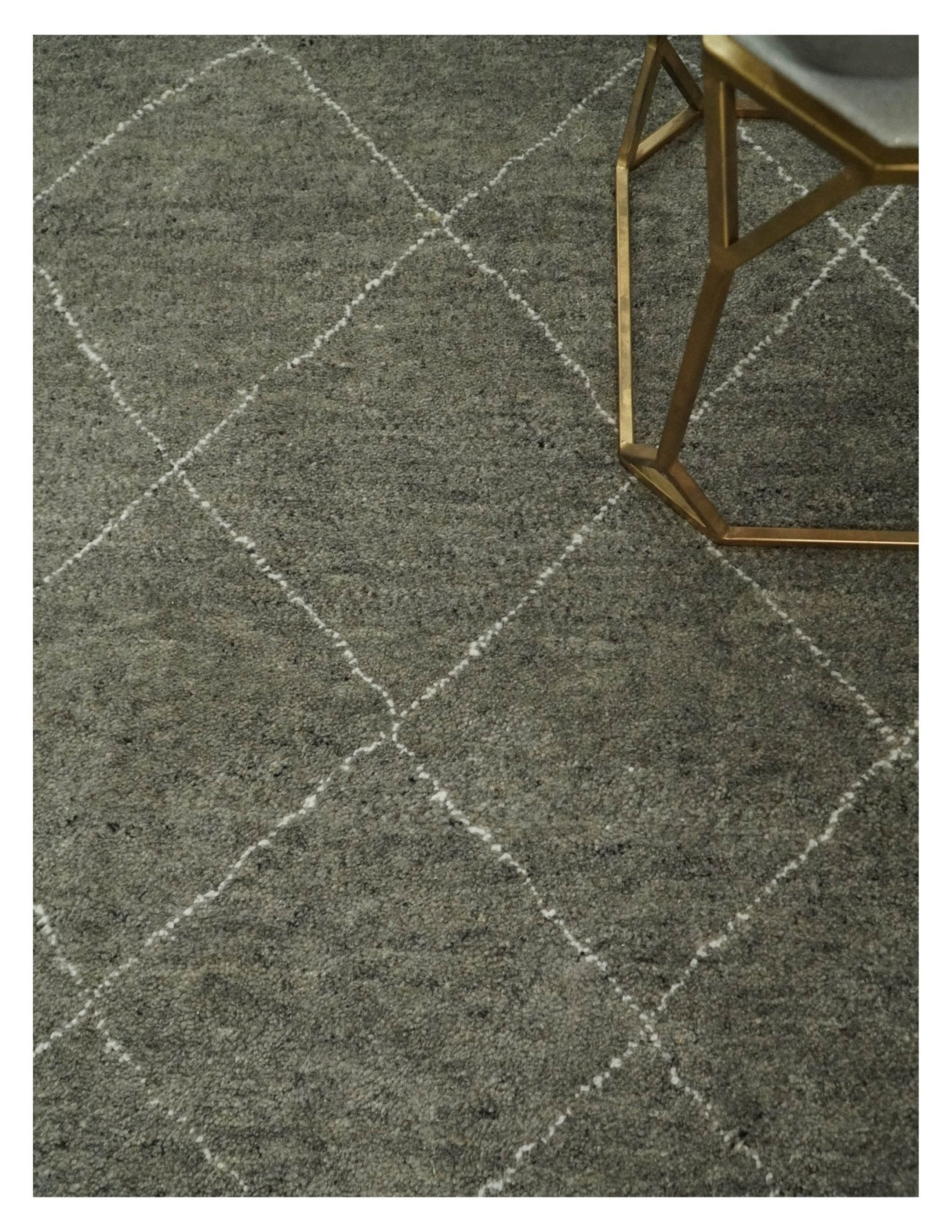 Hand Knotted Charcoal and White 9x12 Trellis Moroccan Rug Made with Fine Wool | TRDCP651912
