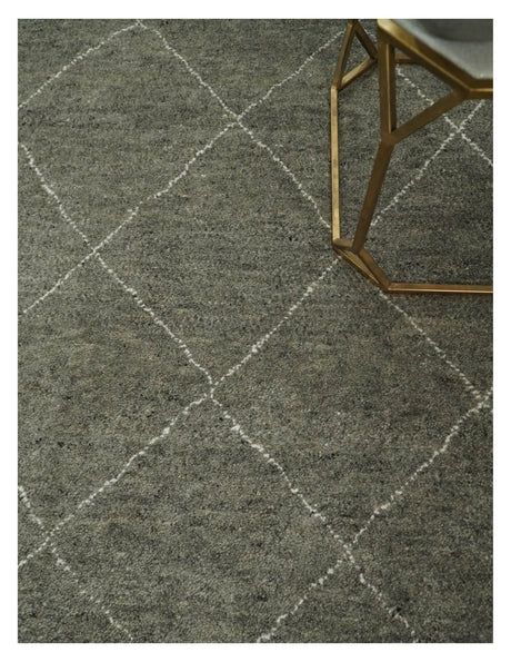Hand Knotted Charcoal and White 9x12 Trellis Moroccan Rug Made with Fine Wool | TRDCP651912