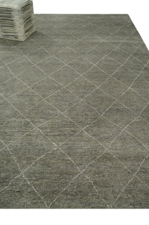 Hand Knotted Charcoal and White 9x12 Trellis Moroccan Rug Made with Fine Wool | TRDCP651912
