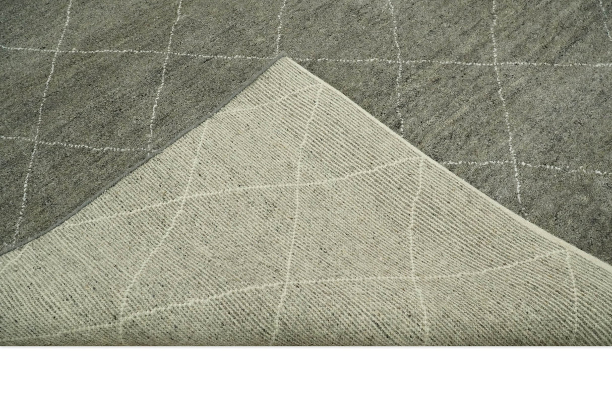 Hand Knotted Charcoal and White 9x12 Trellis Moroccan Rug Made with Fine Wool | TRDCP651912