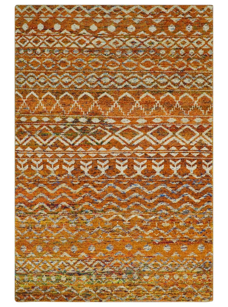 Hand Knotted Gold, Rust and Ivory Modern Contemporary Tribal Trellis Recycled Silk Area Rug